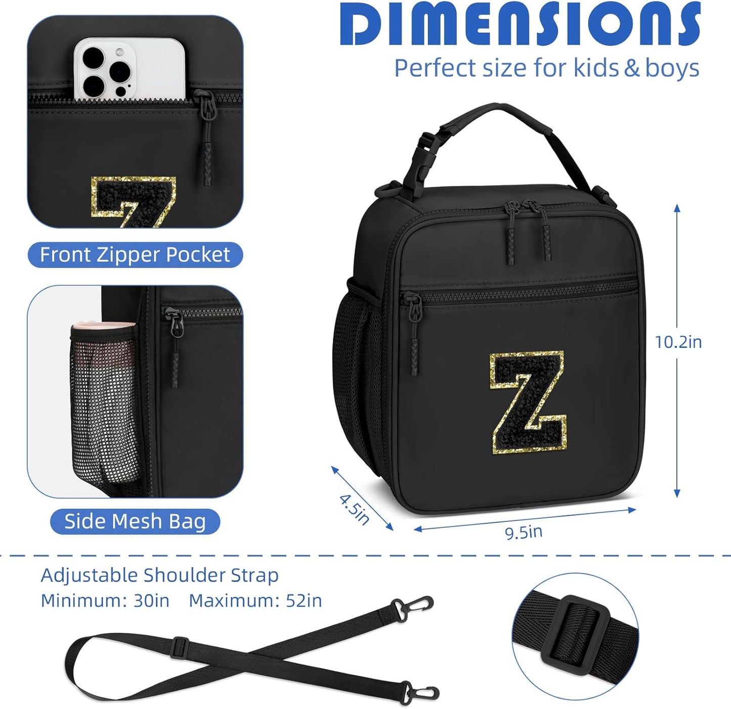 Initial Insulated Lunch Bag for Boys Kids, Back to School Gift, Reusable Leak-proof Lunch Box with Adjustable Strap for School Daycare Travel Picnic（Black，Z）