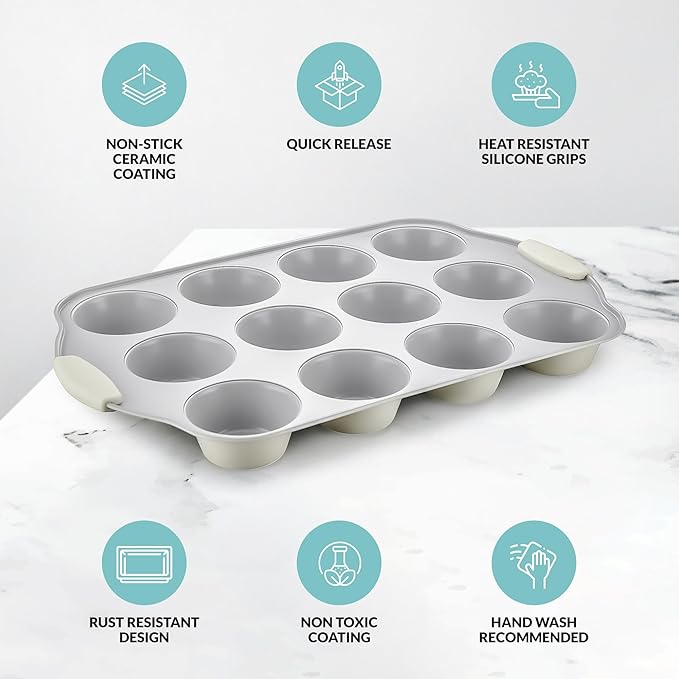 Boxiki Kitchen 12 Cups Ceramic Coated Muffin Pan for Baking - Durable Steel Frame Cupcake Pan w/Nonstick Surface - Professional Muffin Tray with Silicone Handles
