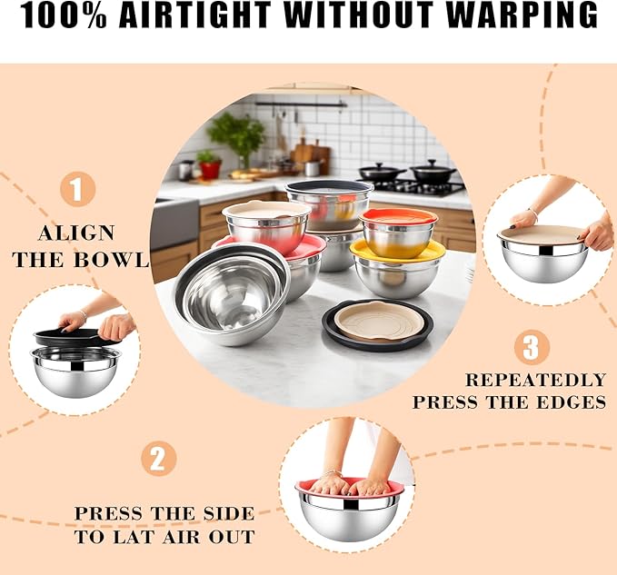 Lazycorner Mixing Bowls with Airtight Lids Set 5 Pcs Stainless Steel Bowls Set Baking Set Non-Slip Silicone Bottoms Great for Serving & Baking