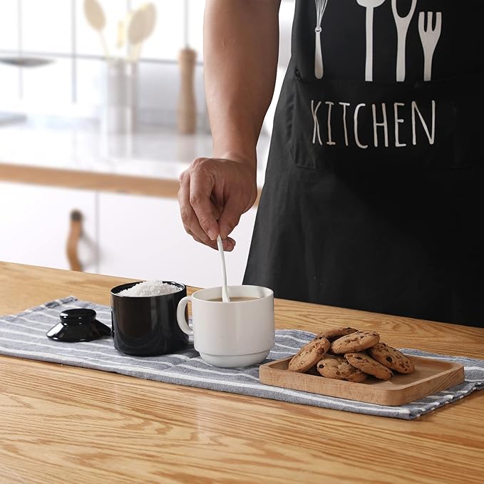 ONTUBE Ceramic Sugar Bowl with Lid and Spoon Set of 2,Porcelain Seasoning Box Salt Bowl with Tray,8oz (Black)