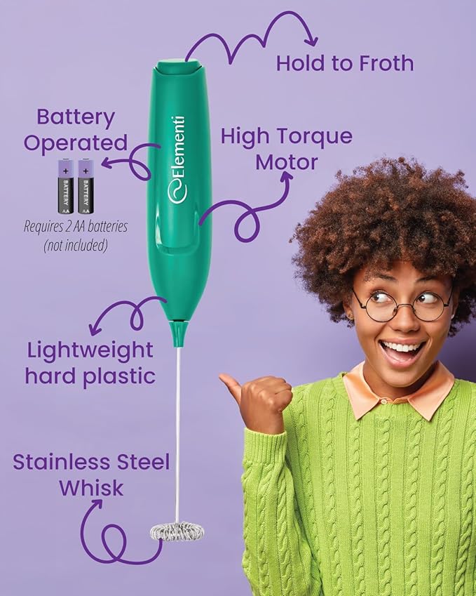 Elementi Powerful Matcha Whisk – Lightweight Matcha Frother Wand & Drink Mixer Handheld, High Speed Mini Whisk for Tea & More, Coffee Mixer Wand, Milk Frother Handheld (Emerald Green)