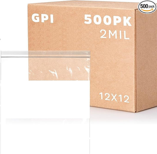 12" x 12" Large Zip Bags, 2 Mil Thick Clear Plastic Reclosable Zipper Lock Bags with Write-on White Block, with Resealable Zip Top Lock for Food Storage & Office Supplies, 500 Count