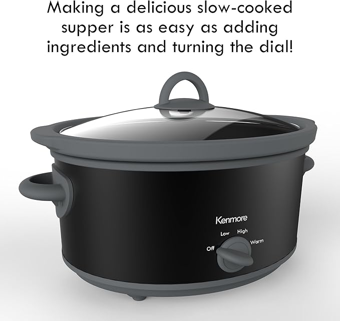 Kenmore 5 Quart Slow Cooker - Mini Crock Pot With Glass Lid, Stainless Steel Electric Cookers, Warm Rice & Sous Vide Stew, Soup, Lunch, Dishwaher Safe Non-Stick Ceramic Insert, 5 lb Chicken 3 lb Roast