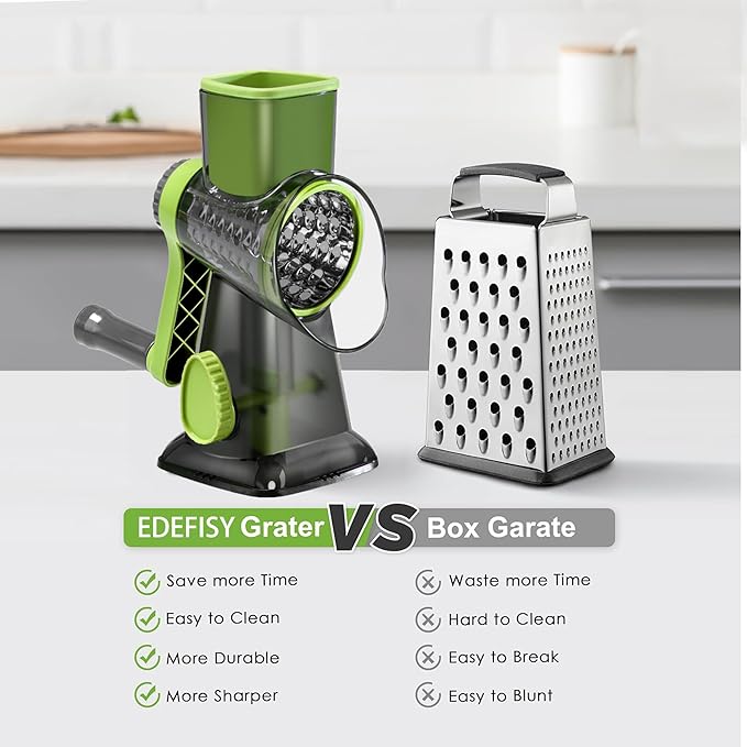 Cheese Grater Hand Crank Rotary Vegetables Shredder with Handle, 3-in-1 Graters with Interchangeable Blades and Strong Suction Base Multifunctional Slicer for Kitchen,green