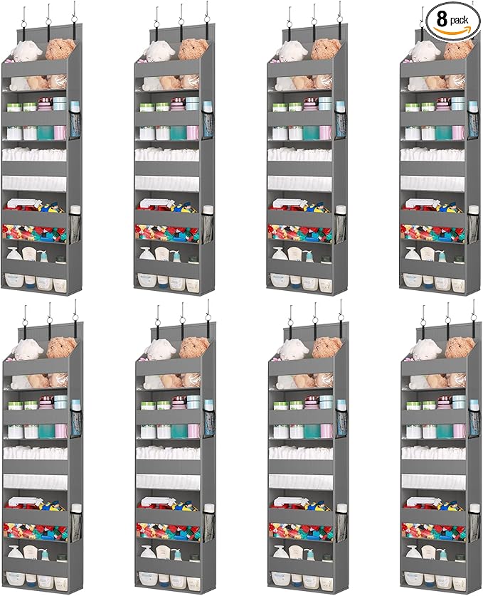 Lifewit 8 Packs Over the Door Organizer, 5 Shelf Clear Window Hanging Storage with 4 Mesh Side Pockets, Anti Tilt 40 lbs Load Behind Door for Pantry, Nursery, Bathroom, Bedroom, Kitchen, Dorm, Grey