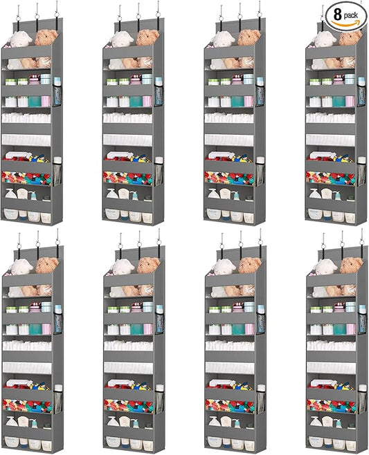 Lifewit 8 Packs Over the Door Organizer, 5 Shelf Clear Window Hanging Storage with 4 Mesh Side Pockets, Anti Tilt 40 lbs Load Behind Door for Pantry, Nursery, Bathroom, Bedroom, Kitchen, Dorm, Grey