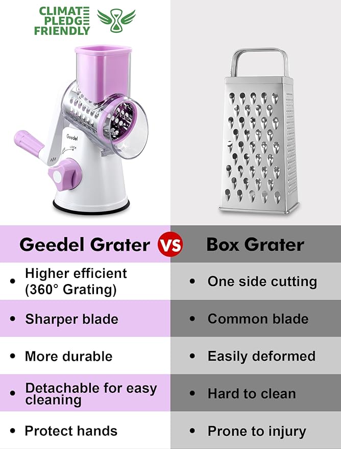 Geedel Rotary Cheese Grater, Kitchen Mandoline Vegetable Slicer with 3 Interchangeable Blades, Easy to Clean Rotary Grater Slicer for Fruit, Vegetables, Nuts