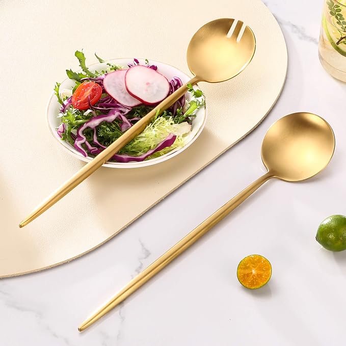Gold Salad Serving Utensils,Serving Spoons Stainless Steel,2Pcs Long Handle Salad Servers 11.42 Inch,Salad Utensils for Serving,Matte Finish,Dishwasher Safe
