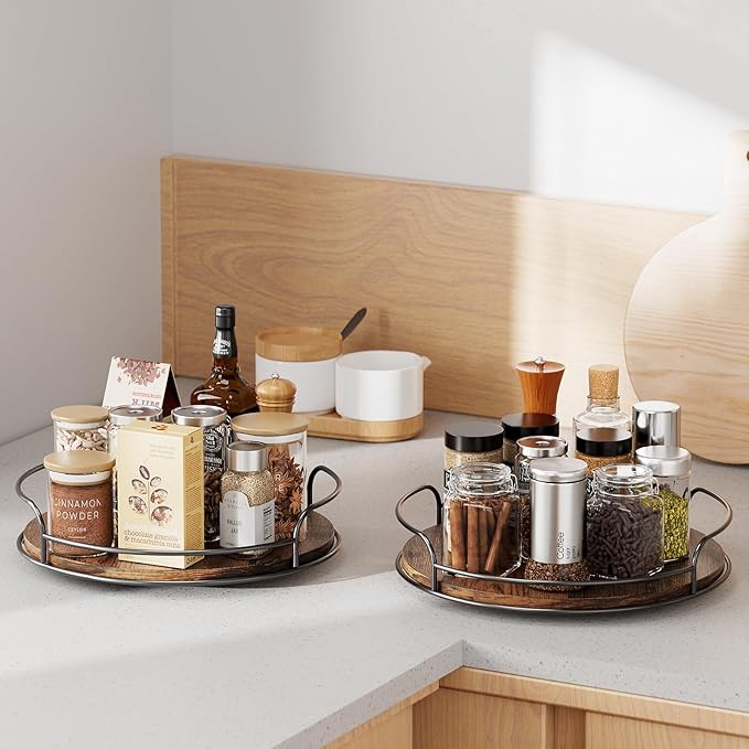 LAMU Lazy Susan Organizer, 9'' Lazy Susan Turntable for Cabinet, Table Top, Kitchen, Countertop, Bathroom, Pantry, Spice Organization, Wooden,1 Pack