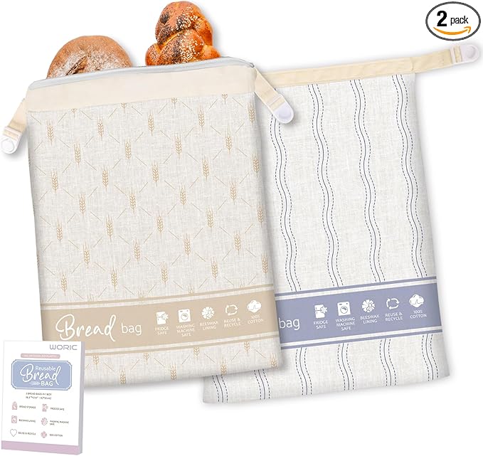 Beeswax Bread Bags for Homemade Bread, 2 Packs XL Reusable Bread Bag for Sourdough Large Cotton Bread Storage Bags for Baking Supplies Freezer Fresh Keeping