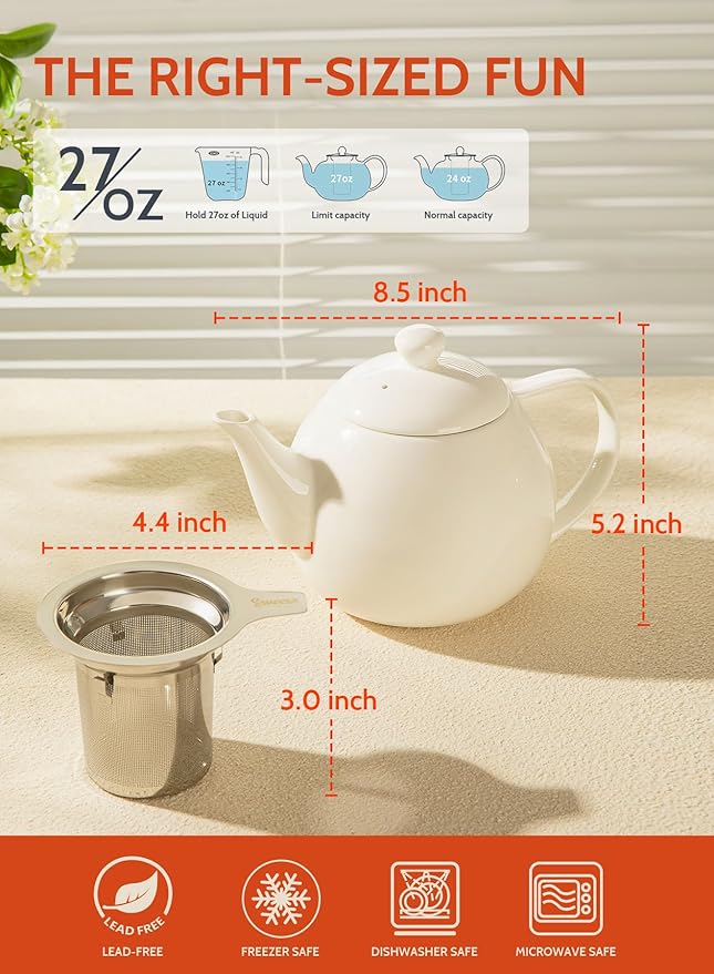 Sweese Teapots for Tea, 27 oz Porcelain Tea pot with Removable Stainless Steel Infuser, Tea Pots for Loose Tea - White