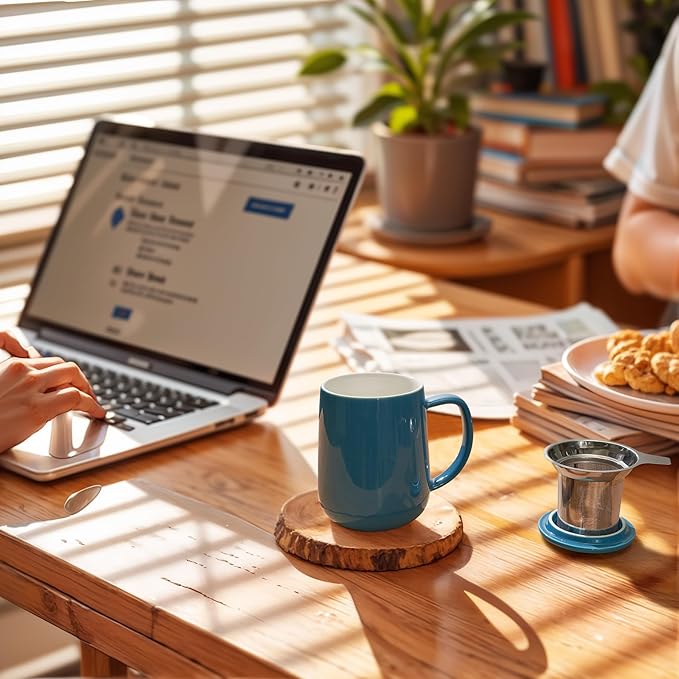 Sweese Porcelain Teacup with Infuser and Lid, 20oz, Steel Blue, Microwave Safe, Reusable