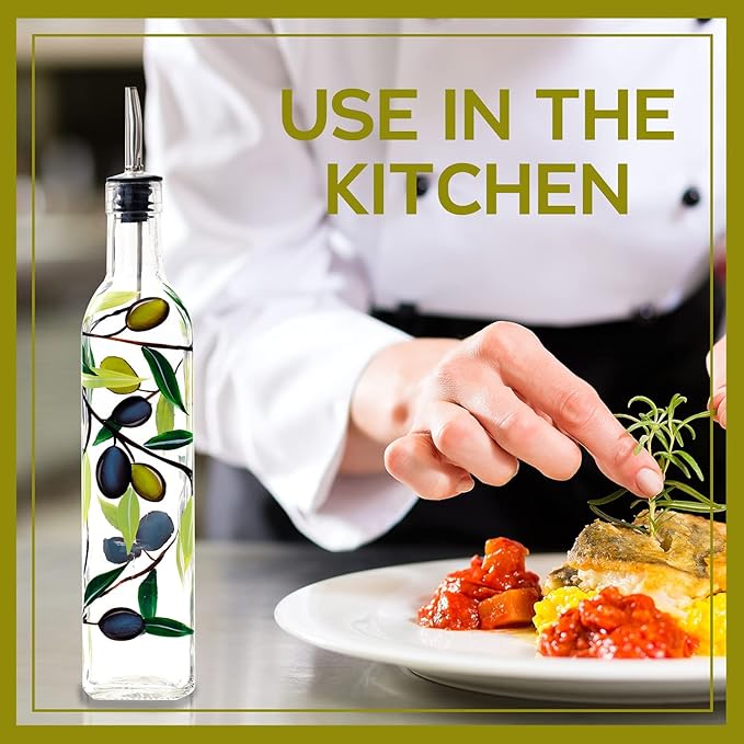 17oz Hand Painted Glass Olive Oil Bottle Dispenser- 500ml Green Oil & Vinegar Cruet with Pourers - Olive Oil Carafe Decanter for Kitchen (olive)