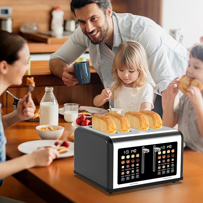 4 Slice Toaster Touch Screen, Stainless Steel Toasters Digital Timer, Dual Control Panel Toasters, 8 Shade Settings 6 Bread Types for Bagel, Cancel, Defrost 1650W Black