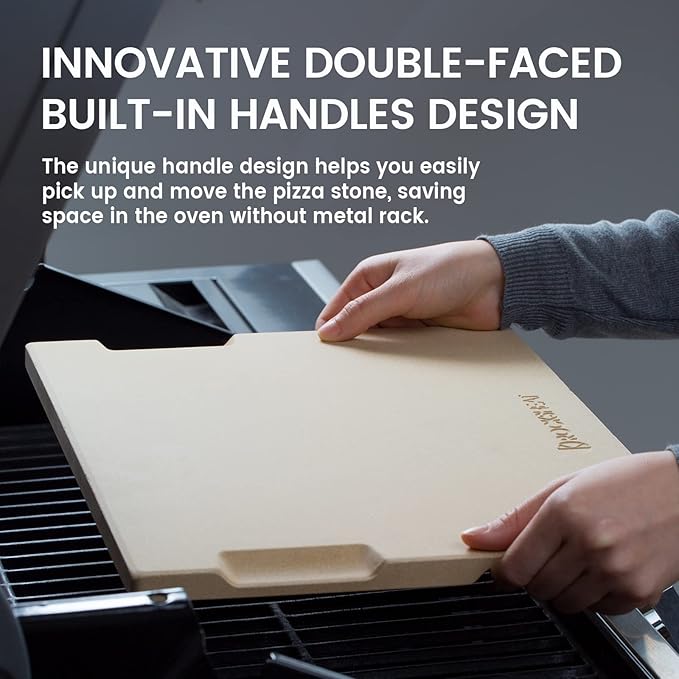 Large Pizza Stone, 20"x13.5" Rectangular Pizza Stone for Oven Grill BBQ, Baking Stone for Pizza Bread with Unique Built-in 4 Handles Design