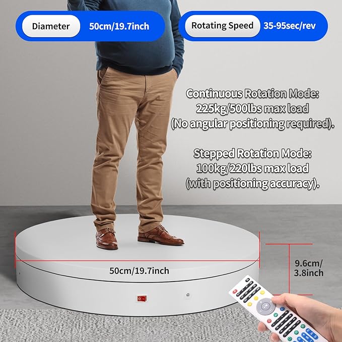 19.7In Remote Large Motorized electric turntable Rotating platform Photography Turntable Motorized lazy susan Base giratoria para for Photography,3D Scanner,Heavy duty display(Load Range:220~500lbs)