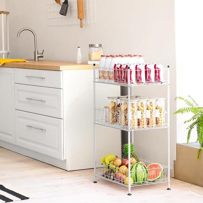 Water Bottle Storage Organizer 3 Tier Freestanding Water Bottle Holder Rack Stand Metal Drink Soda Can Organizer Beverage Shelf for Floor Pantry Kitchen Food Storage, Silver