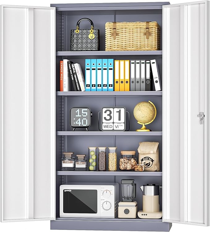 INTERGREAT Metal Garage Storage Cabinet, Black Lockable File Cabinet with 2 Doors and 4 Adjustable Shelves, Tall Steel Tool Cabinets for Office, Home, Garage, School, Gym