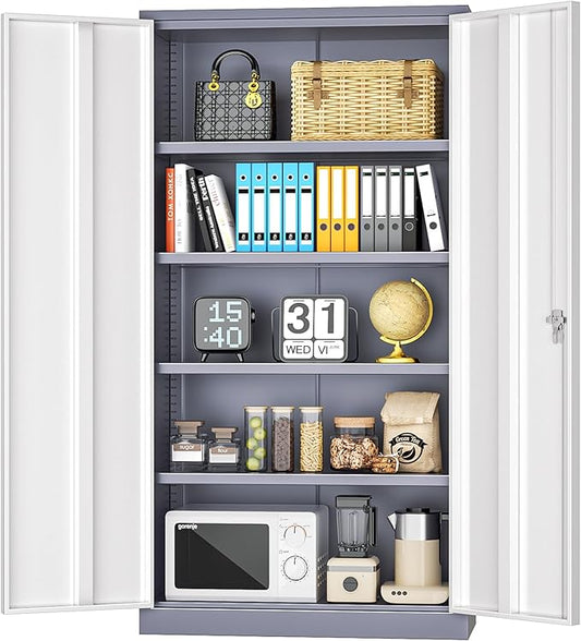 INTERGREAT Metal Garage Storage Cabinet, Black Lockable File Cabinet with 2 Doors and 4 Adjustable Shelves, Tall Steel Tool Cabinets for Office, Home, Garage, School, Gym