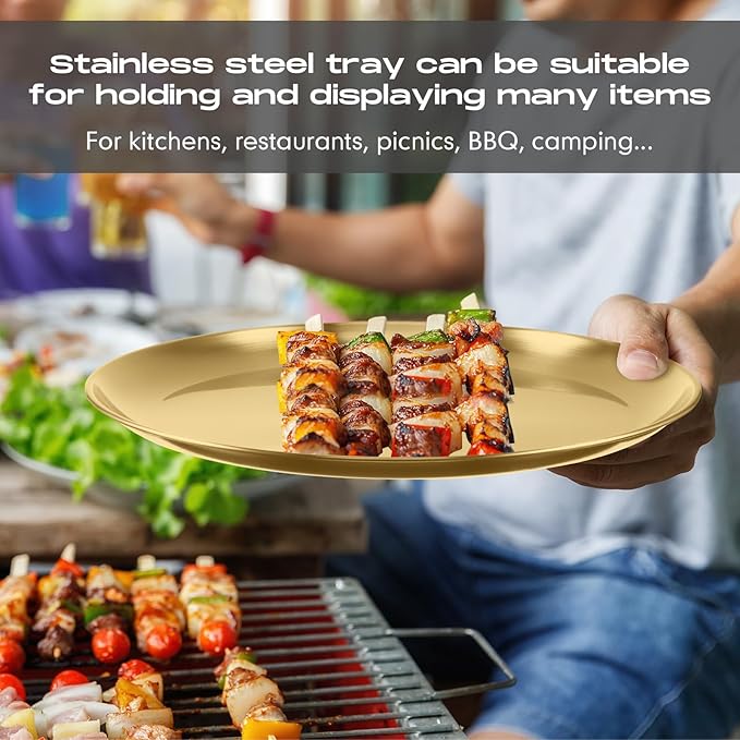 Thenshop 8 Pieces 12 Inch Pizza Pans Bulk Stainless Steel Sets Round Bakeware Pizza Trays for Oven Kitchen Baking Home Restaurant Safe Sturdy Reusable Easy Clean(Gold)