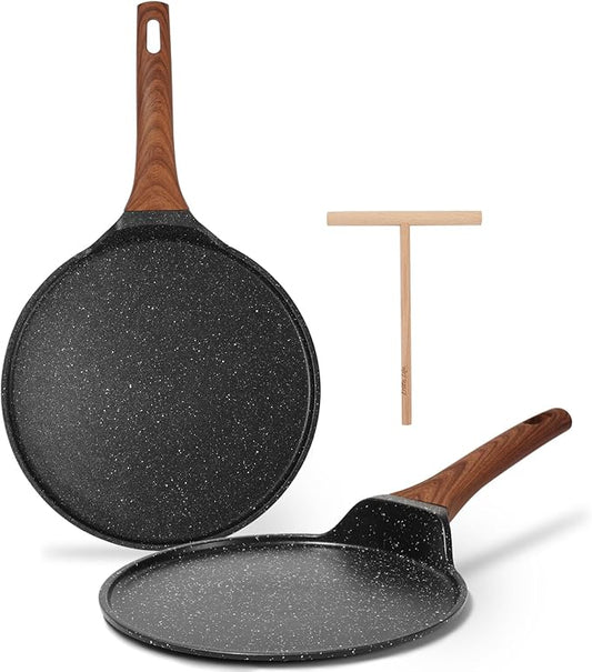 ESLITE LIFE Nonstick Crepe Pan Set with Spreader, 9.5 & 11 Inch Granite Coating Flat Skillet Dosa Tawa Comales Para Tortillas Pancake Pan, PTFE & PFOA Free, Black