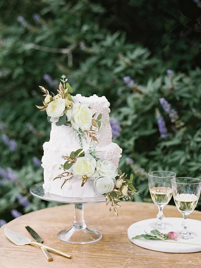 Rinlong 3Pcs Pre-made Cake Toppers Flowers Cake Decorations Wedding Cake Decorating Flowers Decor Christening Birthday Baptism Baby Shower Party Cake Topper Flower Arrangements White Gold