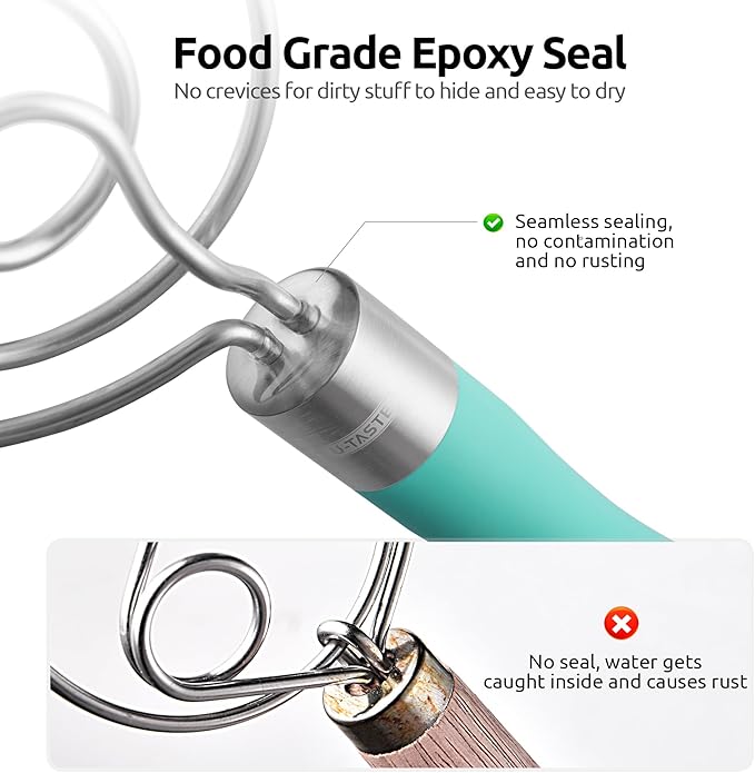 U-Taste 12.6in Danish Dough Whisk: 18/8 Stainless Steel Heavy-Duty Sourdough Mixer Tool, Food Grade Dutch Style Seamless Bread Wisk, Sturdy for Mixing, Stirring, Kneading Thick Batter (Aqua Sky)