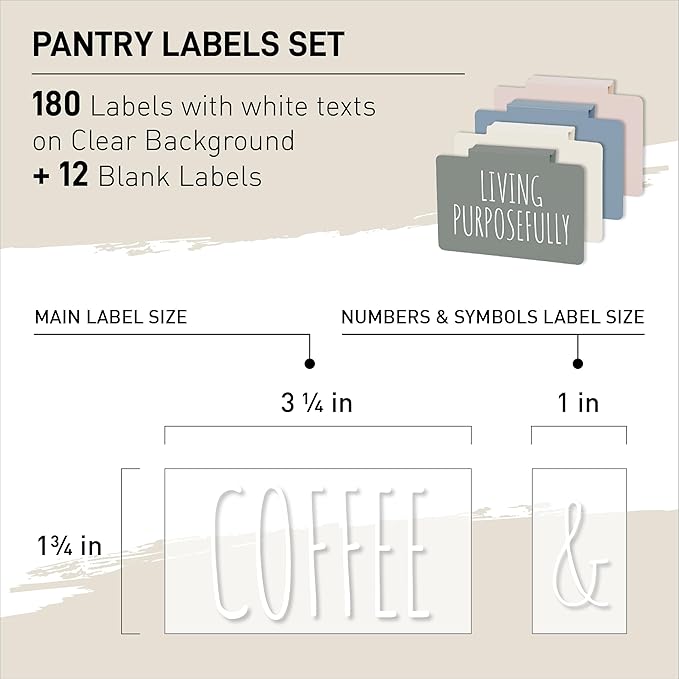Hygge & Sage Pantry Labels for Containers Preprinted - 180 Waterproof Labels, Durable, Removable Kitchen Stickers, Clear with White Print. Perfect for use on Basket Labels, Pantry, and Refrigerator.