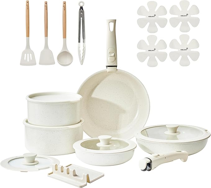 Pots and Pans Set Healthy Non toxic Non Stick Ceramic Cookware Set 21 Pcs Detachable Handles, Oven Safe, Induction Dishwasher, Stackable Frying Pan (PFOS, PFOA Free),Cream White