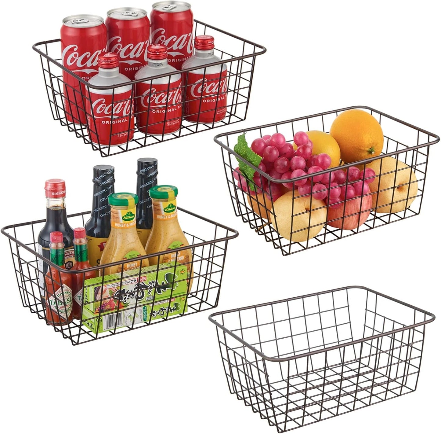 Wire Kitchen Storage Basket 4 Packs,Perfect Pantry Organization Accessories Basket,Laundry Basket,Countertop Organization,Suitable for Kitchen,Bathroom,Bedroom,Tabletop,Stackable,Brown