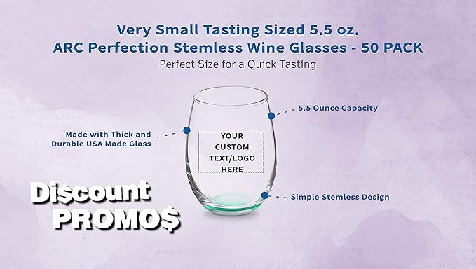 Custom Stemless Wine Glasses by ARC 5.5 oz. Set of 50, Personalized Bulk Pack - Perfect for Hotel, Bar, Restaurant or Lounge - Green