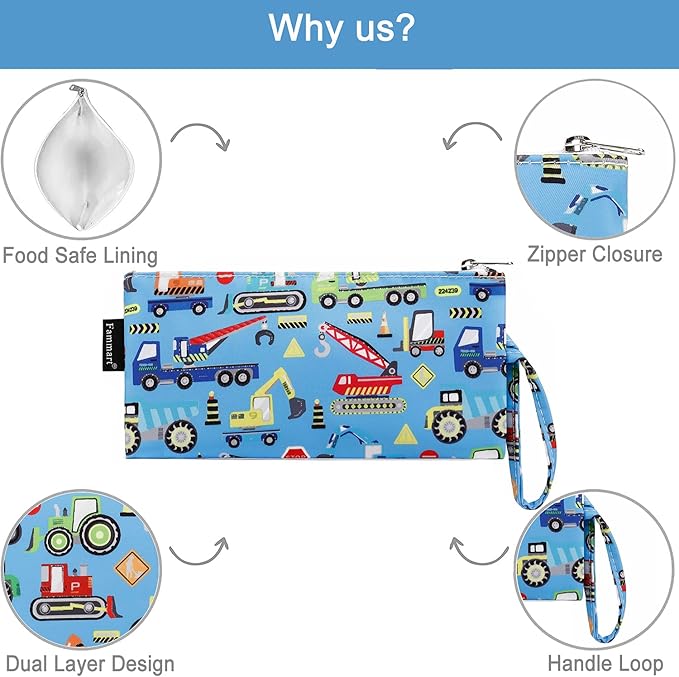 Reusable Sandwich Bag/Snack Bag for Kids & Adults, Dual Layer Lunch Bag with Handle, Washable, Food Safe, BPA Free (2-Pack, Car)