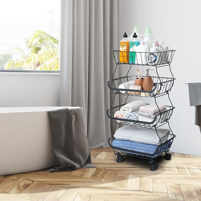 Fruit Vegetable Storage Basket, Kitchen Fruit Vegetable Storage Cart, 4 Tier Stackable Metal Wire Storage Baskets with Wheels, Produce Basket Organizer Bins for Pantry, Bathroom, Black