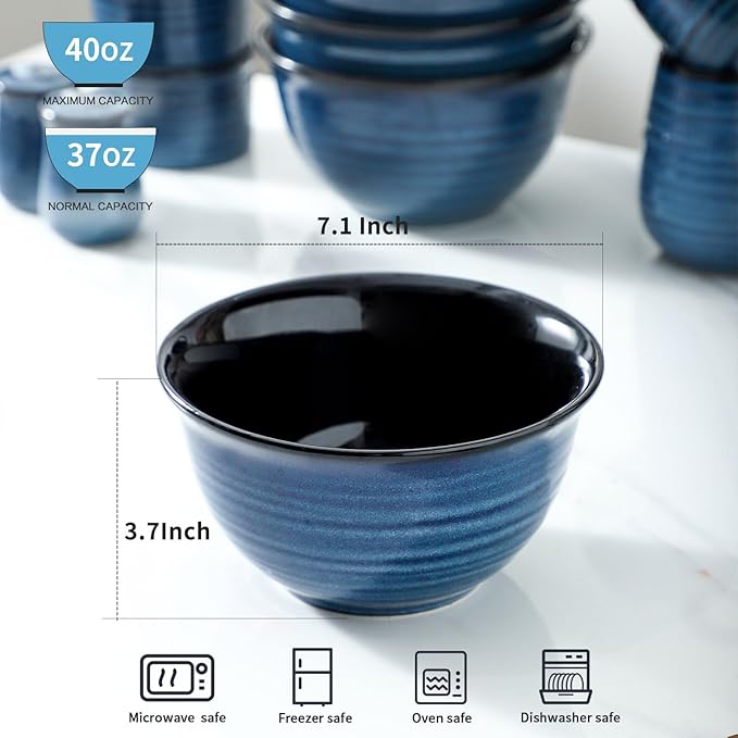 MEKY Soup Bowls Set of 4,40 OZ Large Ceramic Bowls - 7 Inch Deep Bowls for Ramen, Pho, Salad, Pasta, Cereal, Dishwasher & Microwave Safe Stackable Serving Bowls(Blue)