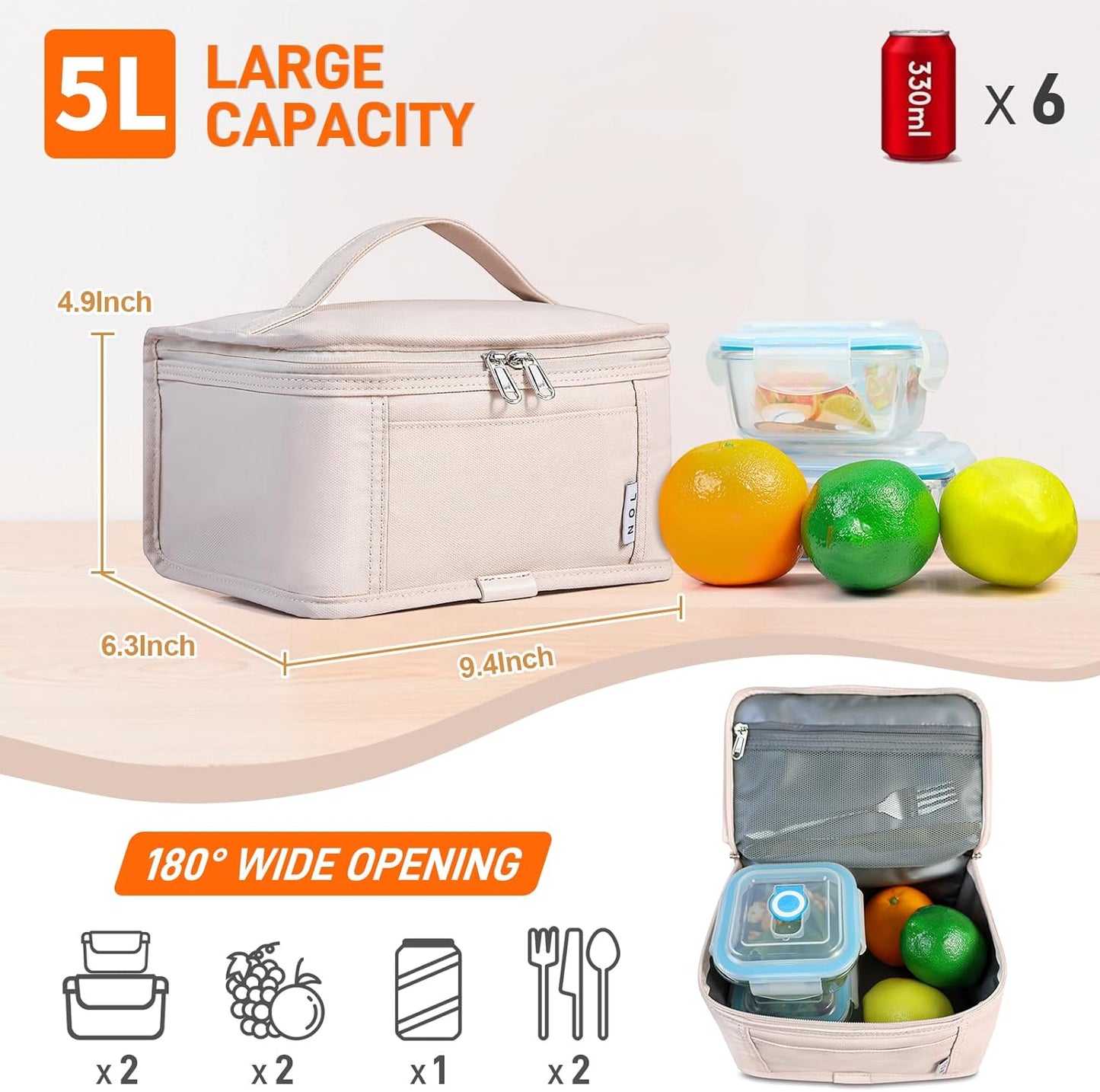 NOL Natural Organic Lifestyle Small Lunch Bag Mini Lunch Box Insulated Lunch Bag for Men/Women Leakproof Cooler Tote Bag Lightweight Nylon Waterproof Lunch Box For Work, Cream