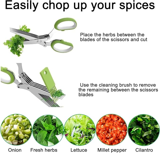 Garlic Press and Herb Scissors Set, 6 Pieces with Garlic mincer and Multipurpose Scissors, Rustproof Tools for Kitchen Use (Silver) (Silver+Green)