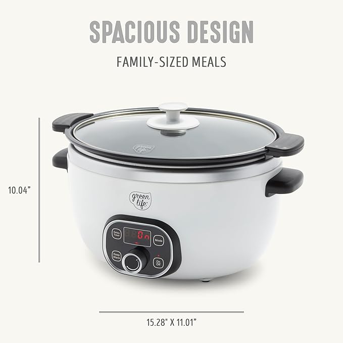 GreenLife 6QT Slow Cooker, Non-Toxic PFAS-Free Ceramic Nonstick Removable Interior Bowl, Programmable, Family Friendly, Keep Warm, Stovetop & Oven Safe, Dishwasher Safe Parts, Timer, Glass Lid, White