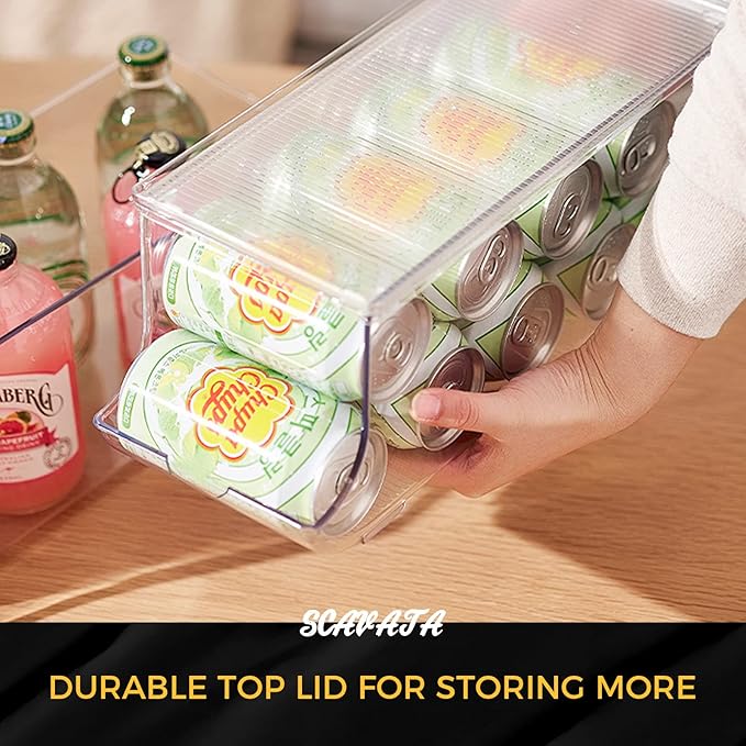 4 Pack Soda Can Organizer for Refrigerator, Stackable Canned Food Pop Cans Container Can Holder Dispenser with Lid for Fridge Rack Freezer, Clear Storage Bins-Holds 12 Cans Each (Transparent)