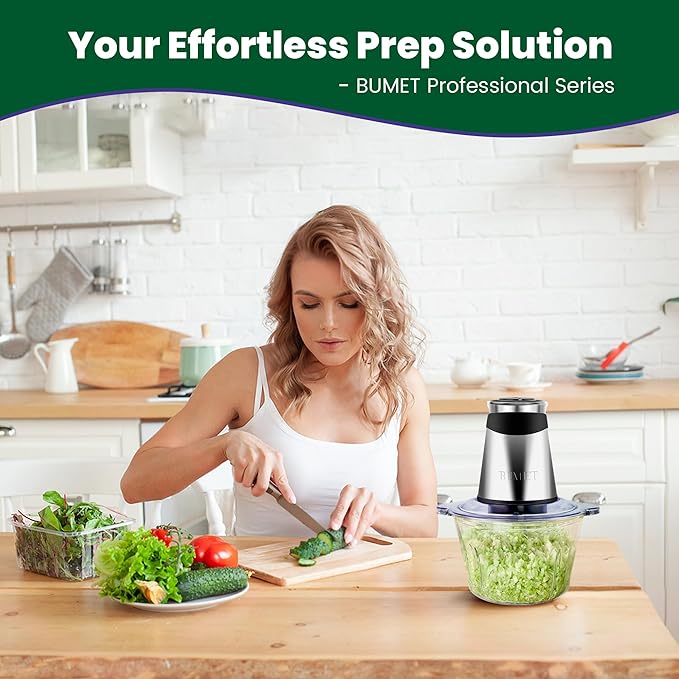 Electric food processor vegetable chopper 500W 2x8cup bowls 2 bi-layer 4 blades Small Food chopper Electric Meat grinder for home use,Mincing, and Puree for kitchen aid, baby foot, pet food by BUMET