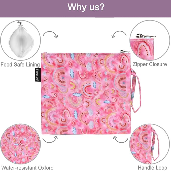 Reusable Sandwich Bag/Snack Bag for Kids & Adults, Dual Layer Lunch Bag with Handle, Washable, Food Safe, BPA Free (2-Pack, Rainbow)