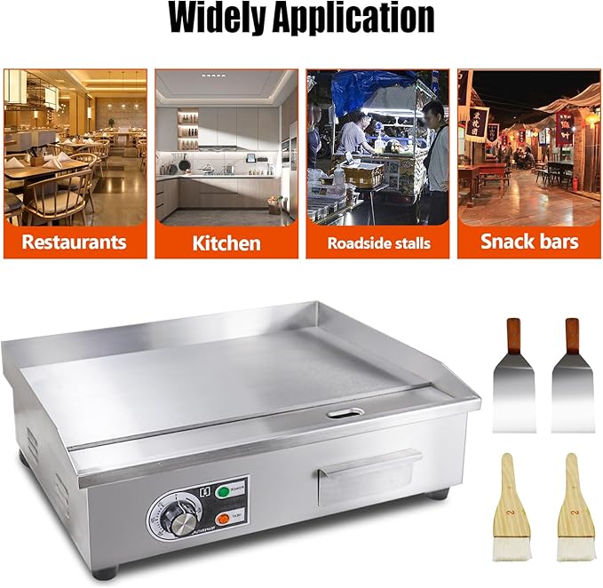 22" Commercial Electric Griddle,Electric Countertop Flat Top Griddle,110V 1600W Electric Flat Top Grill,Non-Stick Restaurant Teppanyaki Stainless Steel Grill,Adjustable Temperature Control