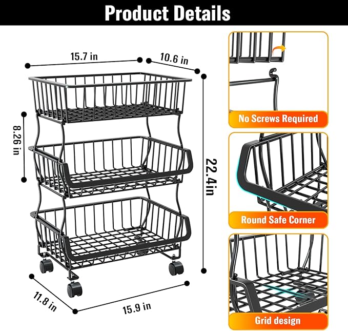 3-Tier Rolling Pantry Organizers and Storage Cart with Wheels – Stackable Wire Snack Cart for Kitchen, Pantry Shelves and Storage Rack for Fruit, Vegetables, Onion, Potato, 1 Pcs