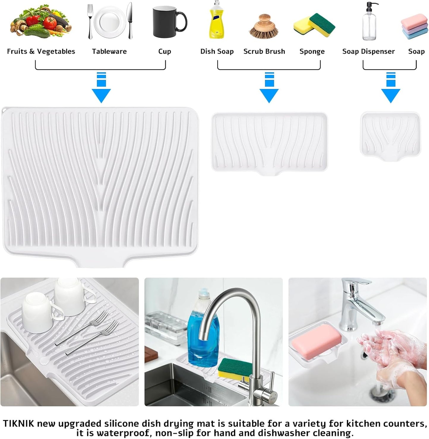 Silicone Dish Drying Mat for Kitchen Counter, Dish Drying Pad, Non-Slip Drain Pad with Built-in Drain, Heat Resistant Stone Drying Mat,Large 1 set XL(Ivory)
