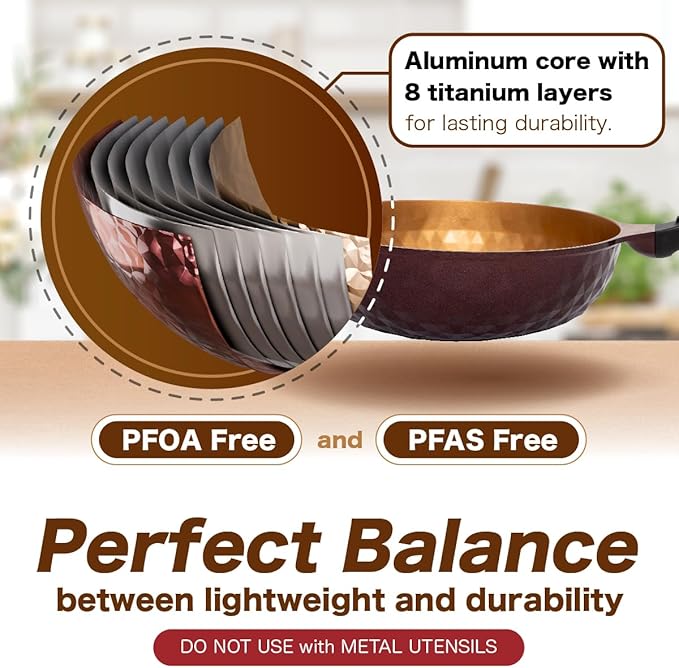 Diamond X Premium Non Stick Wok Pan - 11" Large Flat Bottom Chinese Wok - Woks & Stir-fry Pans Nonstick - Titanium-Coated 8-Layered Korean Engineered Skillet for Frying, Oil-Free, PFOA-Free