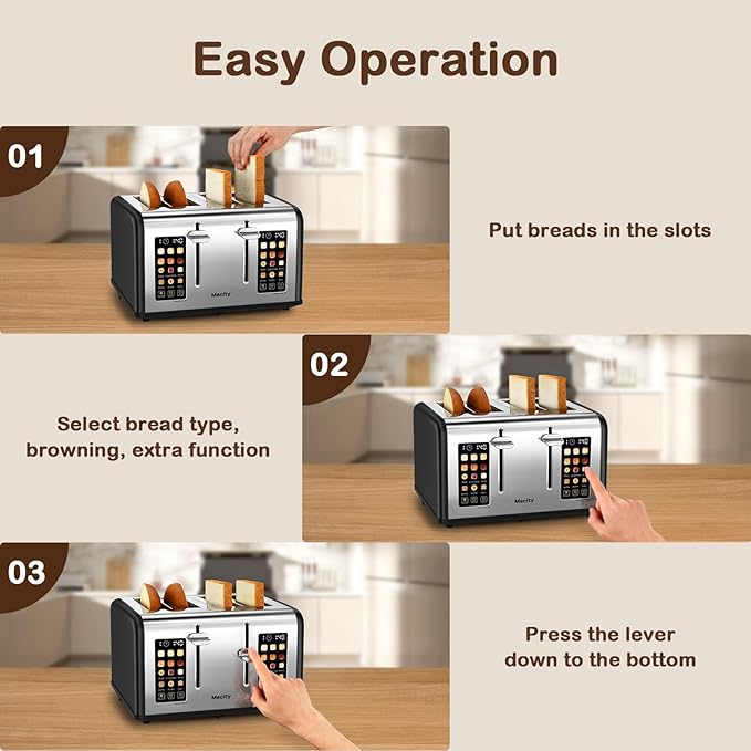 Mecity 4 Slice Toaster with Touch Screen Control, 4 Wide Slots, Stainless Steel Smart Bread Toaster for Bagels, Muffins, Waffles, Dual Control Panel, Timer, Defrost, Reheat, 120V 1650W, Matt Black