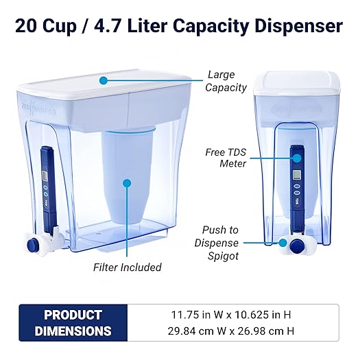 ZeroWater 20-Cup Ready-Pour 5-Stage Water Filter Dispenser with 0 TDS Water Filter – IAPMO Certified to Reduce Lead, Chromium, and PFOA/PFOS