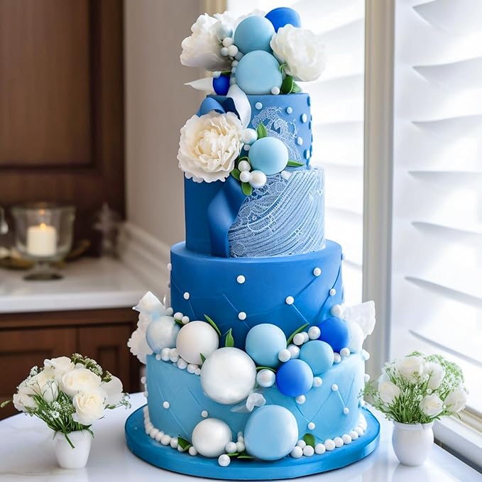 48 Pcs Balls Cake Topper Decorations Balloon Cupcake Toppers Foam Cake Topper Balls Cake Balls Decorations for Birthday Party Wedding Cake Decorating (Royal Blue, Light Blue, White, Gold)