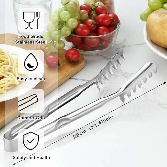 Pleafind 11.4 Inch Pasta Tong, Pasta Tongs with Fluted Handles, Stainless Steel Pasta Tongs, Comfortable and Easy to Grip, Kitchen Pasta Clip,Spaghetti clips for pasta cooking & grilling & baking
