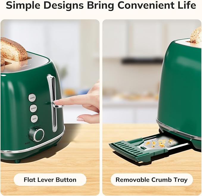 Toaster 2 Slice Stainless Steel with 6 Bread Shade Settings, Bagel, Cancel, Defrost Function, Retro 2 Slice Toaster with Extra Wide Slot, Removable Crumb Tray, dark green
