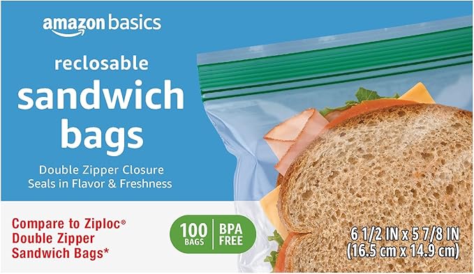 Amazon Basics Reclosable Sandwich Double Zipper Storage Bags, 100 Count, Pack of 1